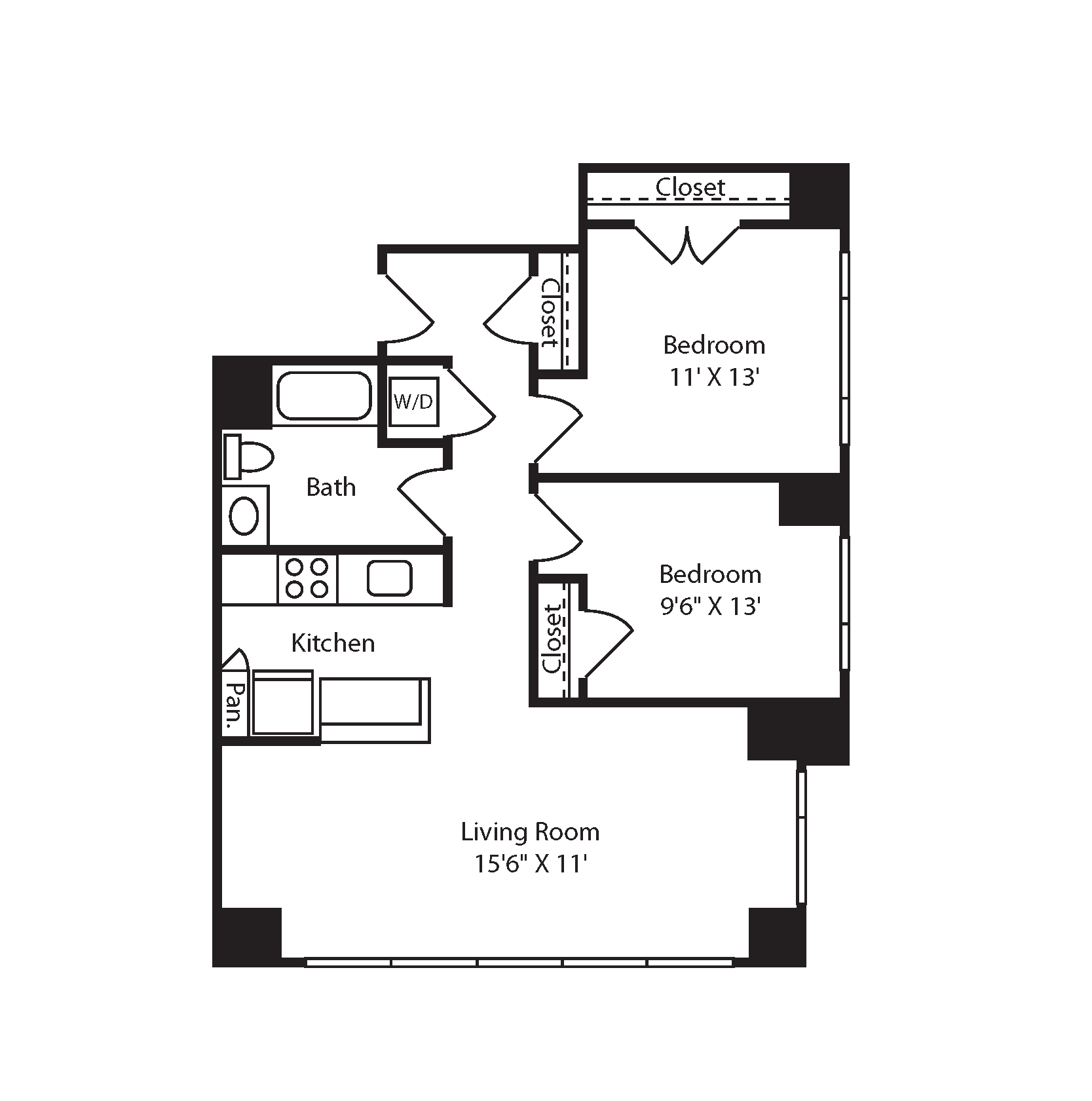 Floor plan for 2 beds, 1 bath, 930 sqft